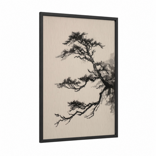 Windswept Cypress framed cypress tree print — black wood frame — black and white and gray palette