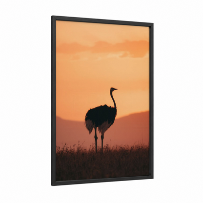 Golden Hour Ostrich framed art print — black wood frame — peach and gold palette