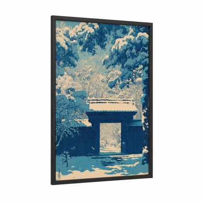Snowy Garden Gate framed art print — black wood frame — blue and cream palette