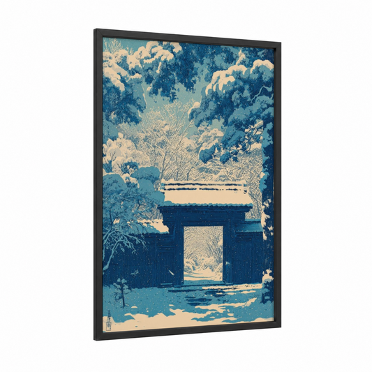Snowy Garden Gate framed art print — black wood frame — blue and cream palette