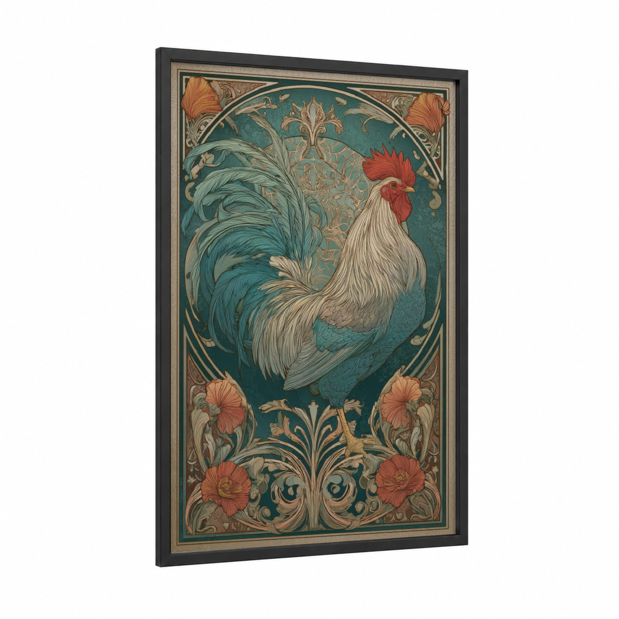 Ornamental Rooster framed chicken and roosters print — black wood frame — teal and gold palette
