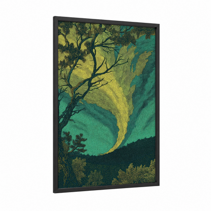 Golden Tornado Landscape framed art print — black wood frame — yellow gold and teal palette
