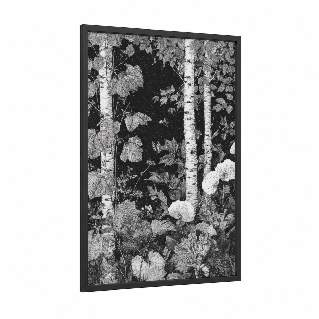Birch Forest Dreams framed art print — black wood frame — black and white palette