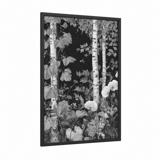 Birch Forest Dreams framed art print — black wood frame — black and white palette