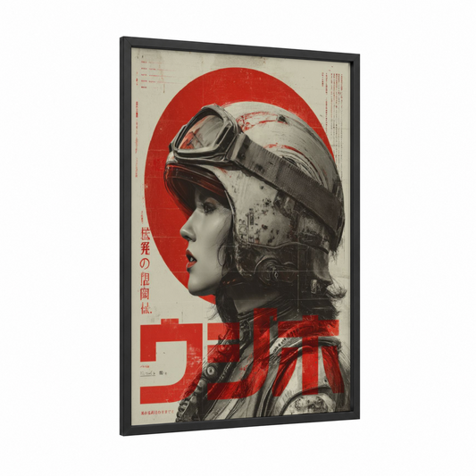 Cybernetic Pilot framed japanese retrofuturism print — black wood frame — red and black and white palette