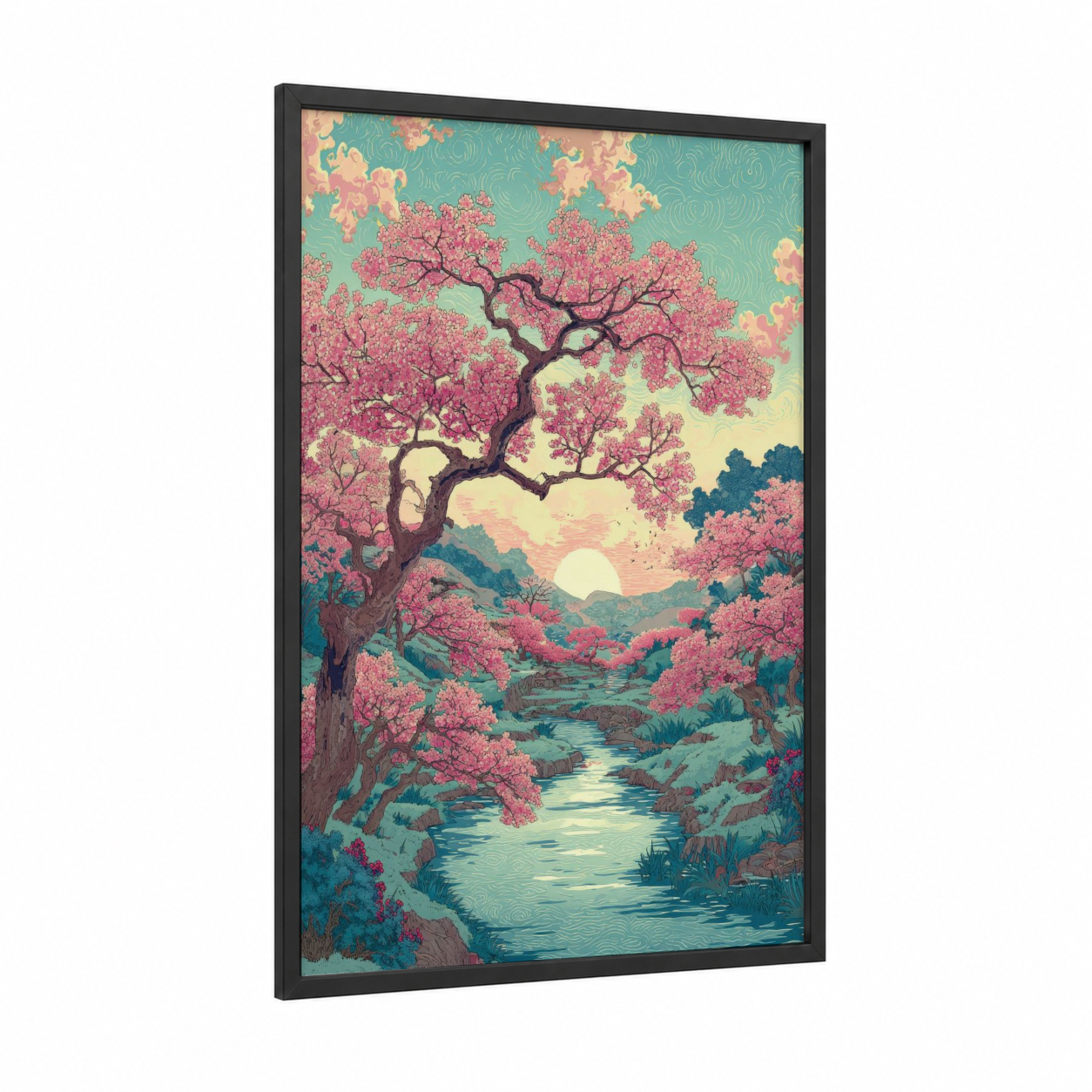 Blossom Stream Landscape framed cherry blossoms print — black wood frame — pink and teal palette