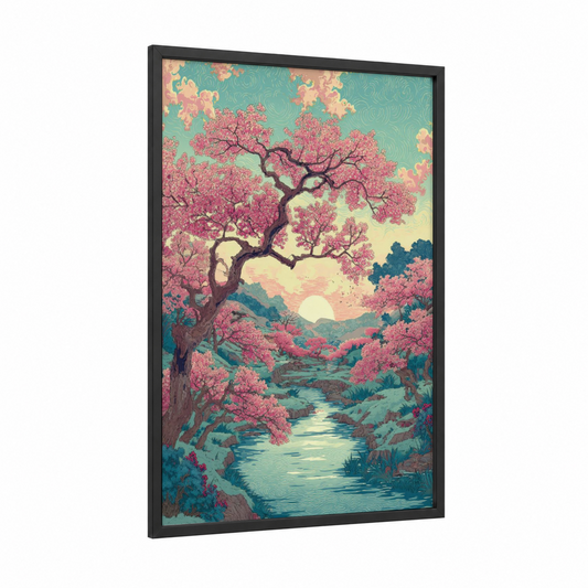 Blossom Stream Landscape framed cherry blossoms print — black wood frame — pink and teal palette