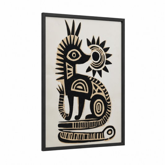 Celestial Guardian framed abstract traditional print — black wood frame — black and cream palette