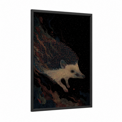 Nocturnal Hedgehog framed art print — black wood frame — black and russet palette