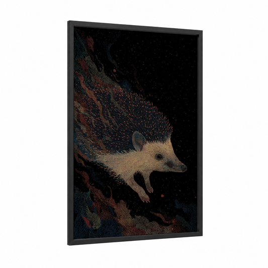 Nocturnal Hedgehog framed art print — black wood frame — black and russet palette