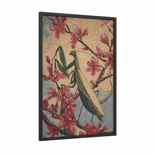 Crimson Mantis framed prayin mantis print — black wood frame — gold and magenta palette