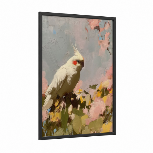 Sulphur Cockatiel framed art print — black wood frame — white and peach palette
