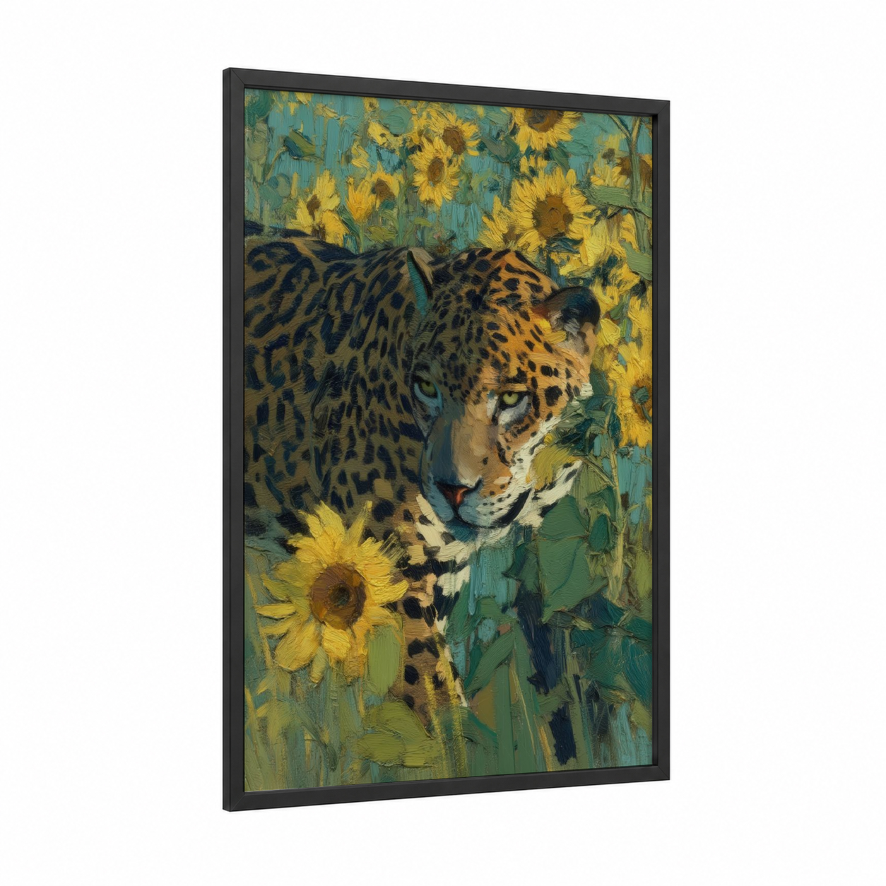 Sunflower Jaguar framed art print — black wood frame — gold and teal palette