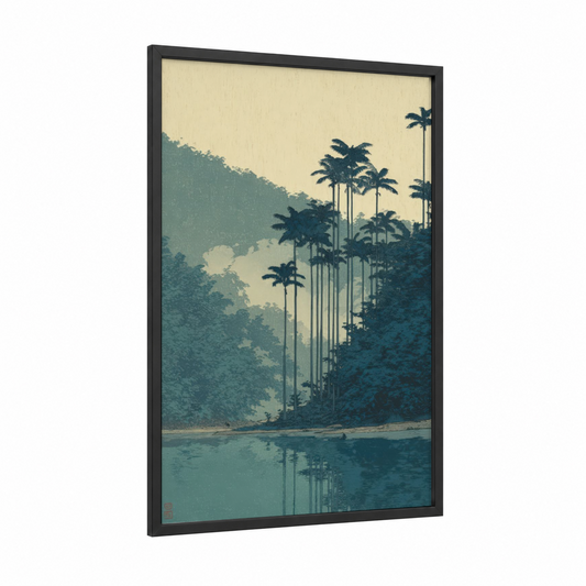 Tropical Lagoon Palms framed palm forest print — black wood frame — teal and cream palette