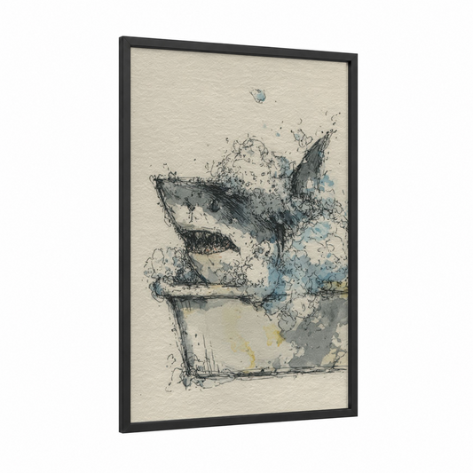 Basking Shark Dissolution framed art print — black wood frame — blue and gray palette
