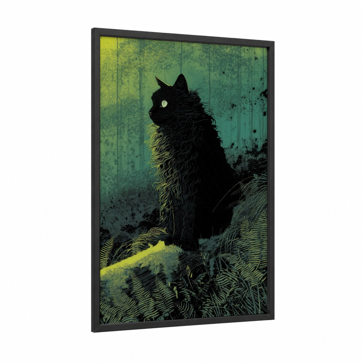 Mystical Forest Cat framed art print — black wood frame — black and lime green palette
