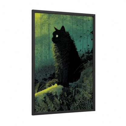 Mystical Forest Cat framed art print — black wood frame — black and lime green palette