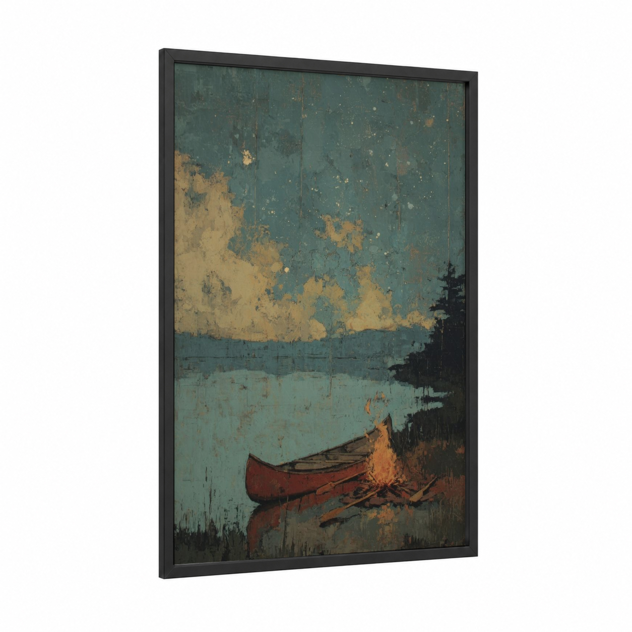Lakeside Campfire framed kayaks and canoes print — black wood frame — teal and gold palette
