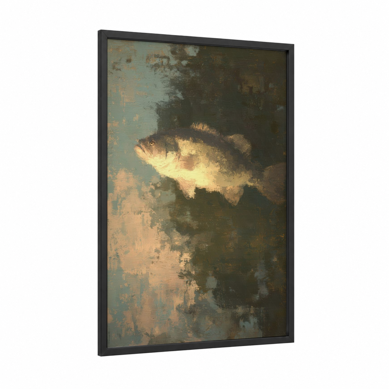 Golden Bass framed art print — black wood frame — gold and dove gray palette