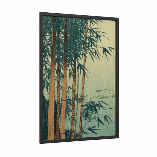 Misty Bamboo Grove framed art print — black wood frame — teal and russet palette