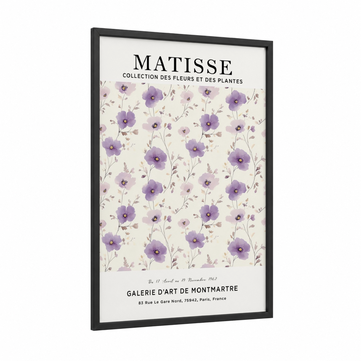 Lavender Wildflowers framed abstract flower print — black wood frame — purple and cream palette
