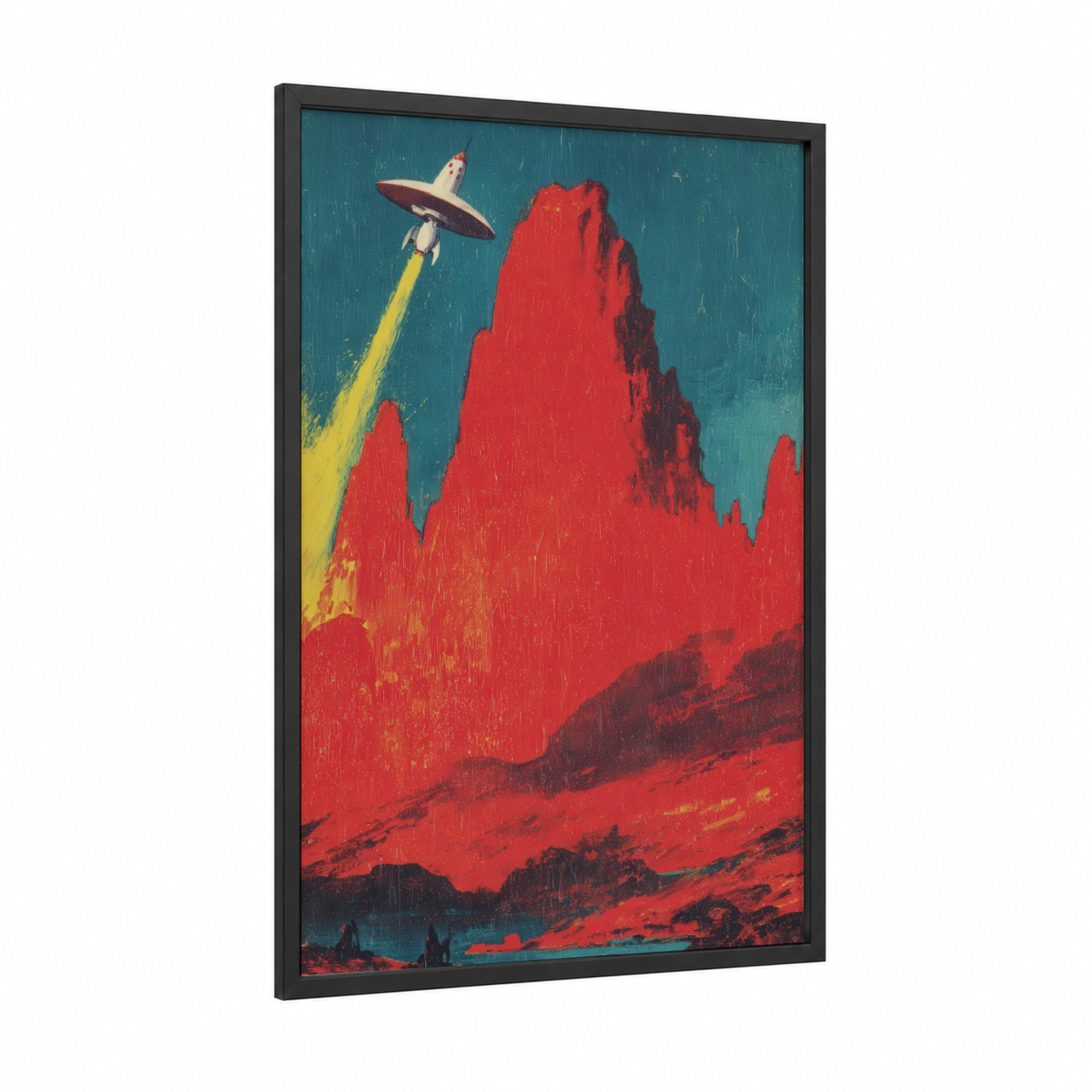 Crimson Meteor Launch framed astroids and comets print — black wood frame — red and teal palette