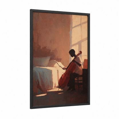 Cellist Morning Light framed musician print — black wood frame — gold palette
