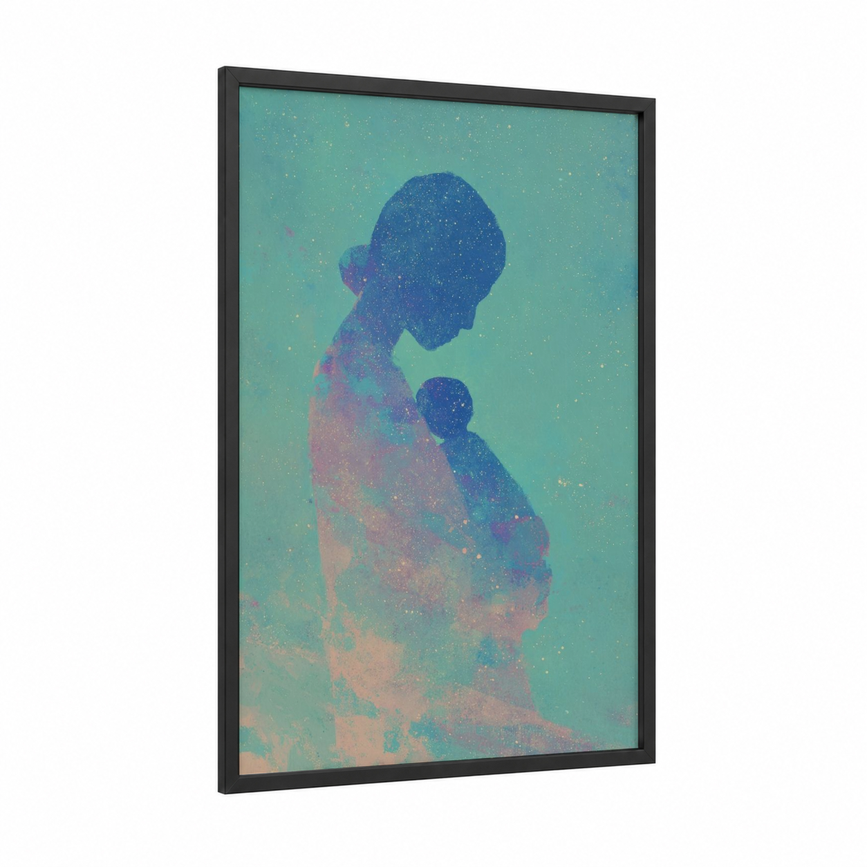 Celestial Mother framed mother's day print — black wood frame — teal and blue palette