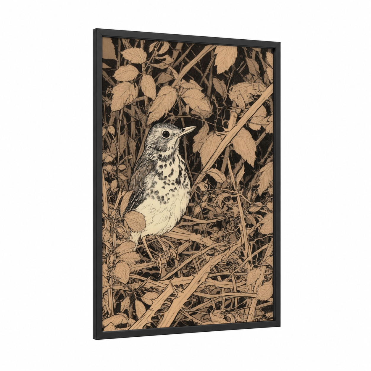 Speckled Thrush framed art print — black wood frame — beige and black and white palette