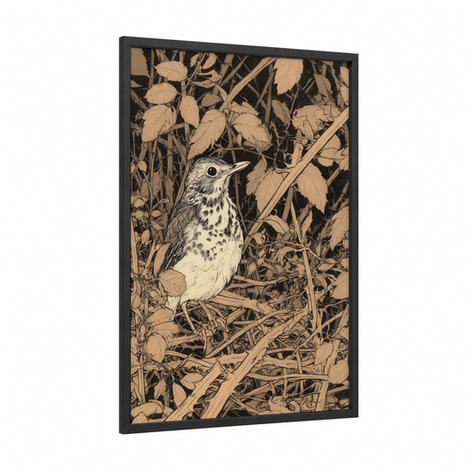 Speckled Thrush framed art print — black wood frame — beige and black and white palette