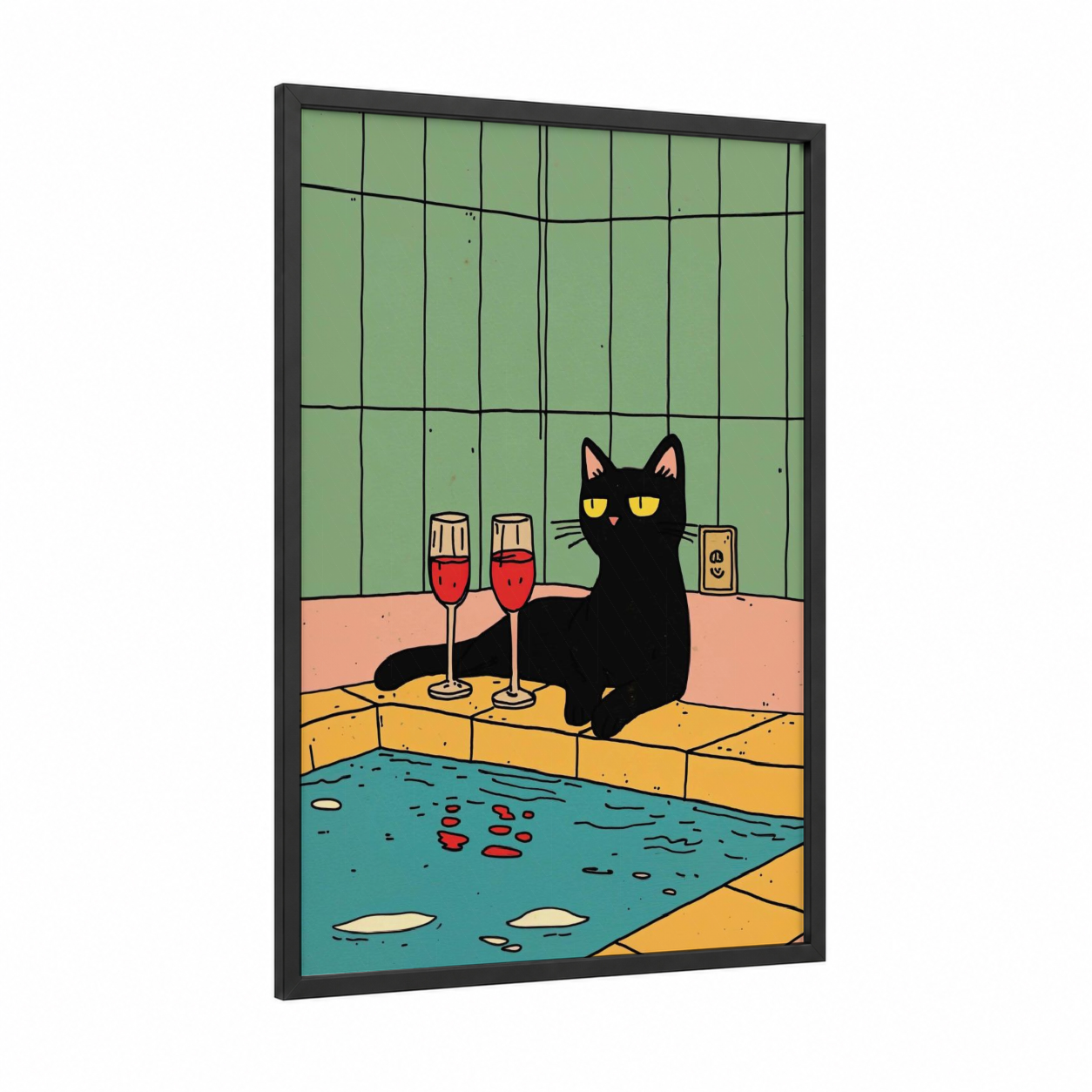 Poolside Cat framed art print — black wood frame — light green and gold palette