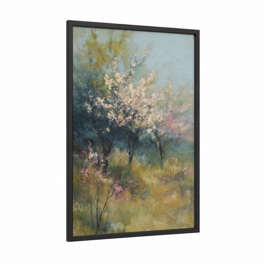 Spring Blossoms framed fruit trees print — black wood frame — cream and sage green palette