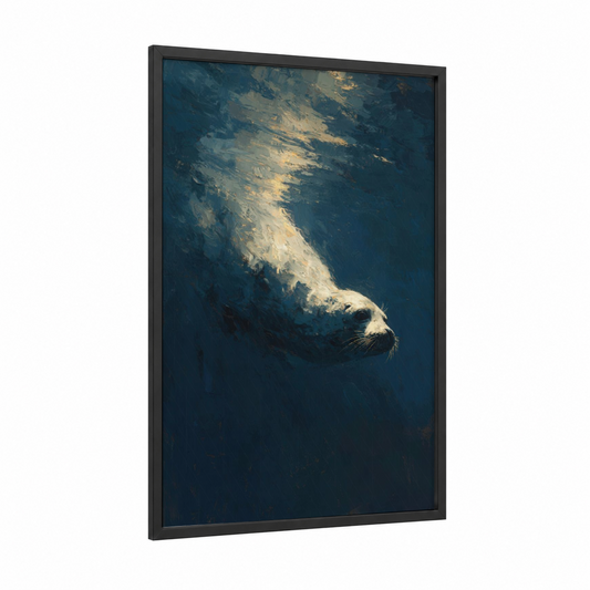 Ascending Seal framed art print — black wood frame — blue and gold palette