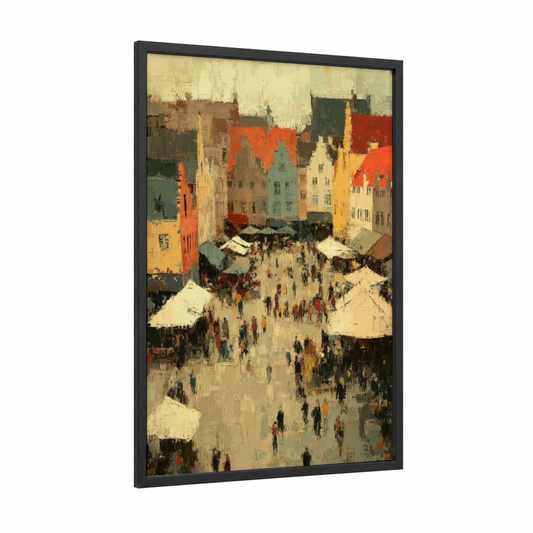 Market Square Village framed art print — black wood frame — orange and yellow gold palette