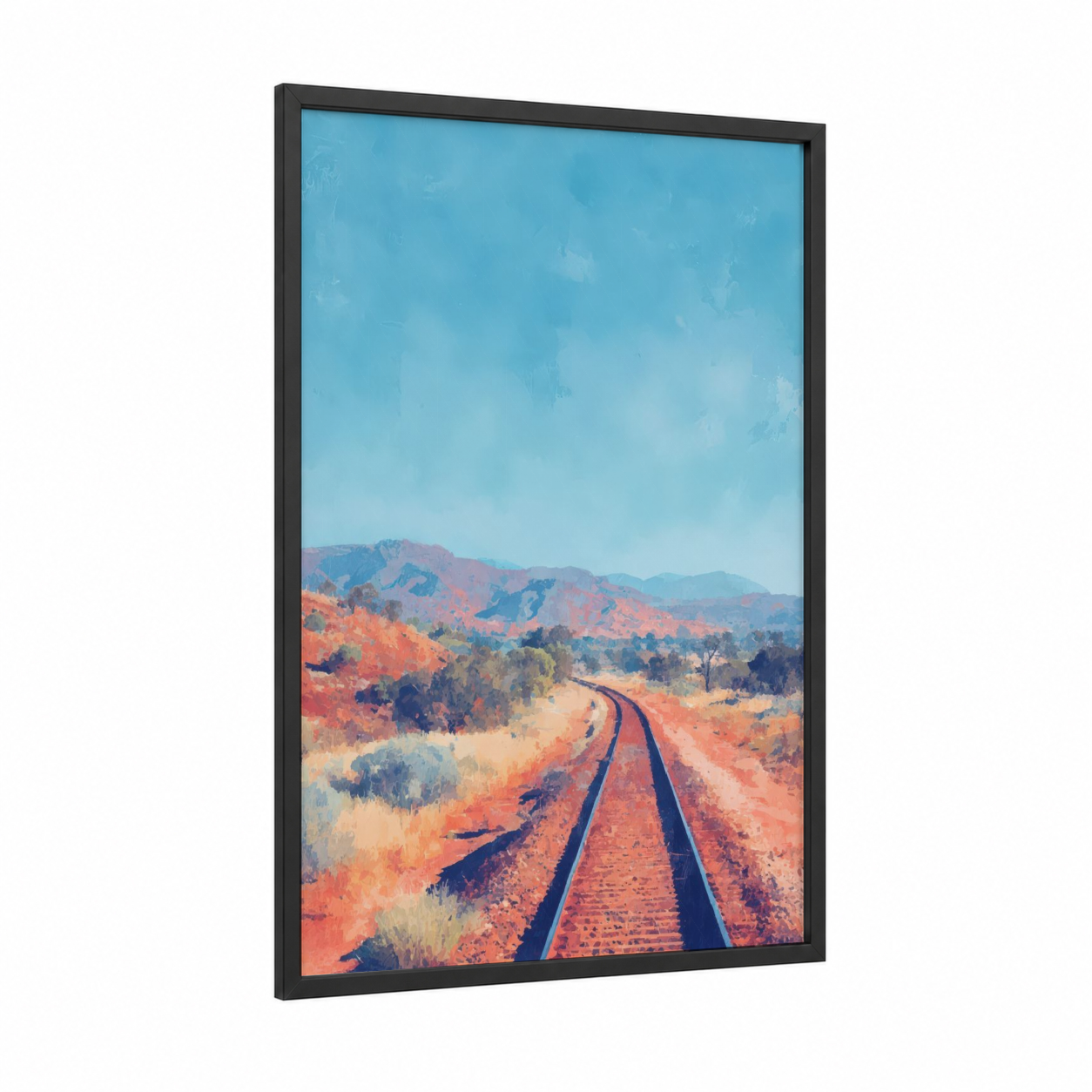 Rustic Railroad Landscape framed train tracks print — black wood frame — russet and blue palette