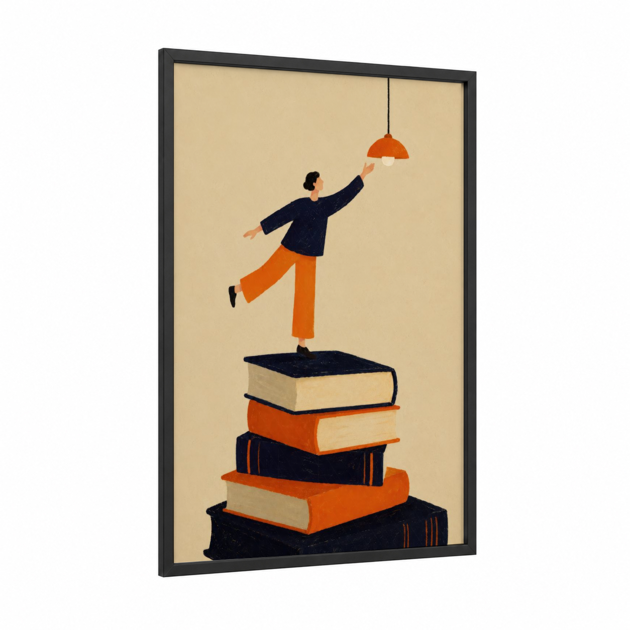 Reading and Knowledge Wall Art framed art print — black wood frame — orange and beige palette