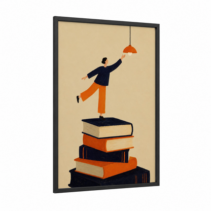 Reading and Knowledge Wall Art framed art print — black wood frame — orange and beige palette