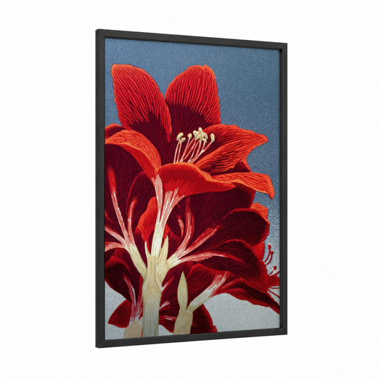 Crimson Amarillys framed art print — black wood frame — red and blue and white palette