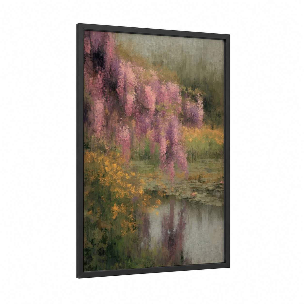 Wisteria Reflections framed art print — black wood frame — lavender and gold palette