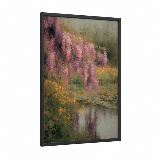 Wisteria Reflections framed art print — black wood frame — lavender and gold palette