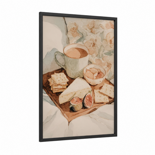 Morning Cheese Board framed art print — black wood frame — peach and cream palette