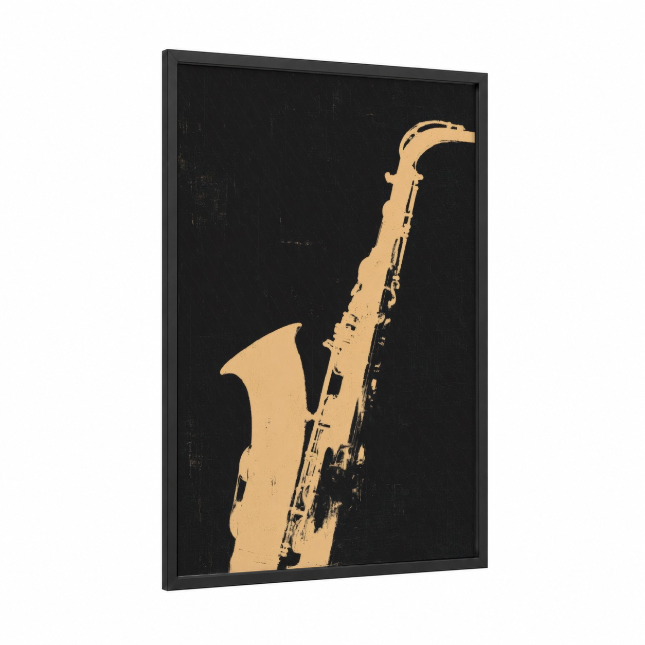 Golden Saxophone framed art print — black wood frame — gold and black palette