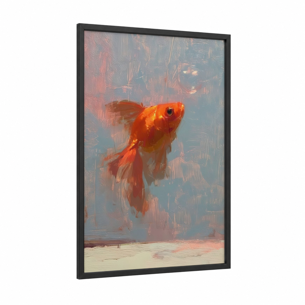 Crimson Goldfish framed art print — black wood frame — red and blue palette
