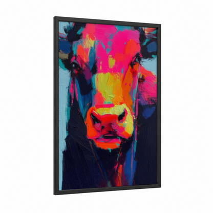 Neon Bull Portrait framed art print — black wood frame — magenta and yellow gold palette