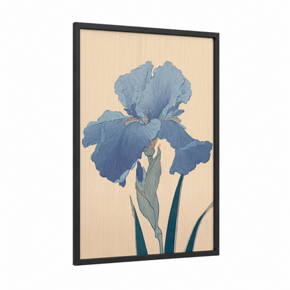 Azure Iris Bloom framed art print — black wood frame — blue and cream palette