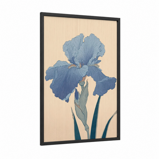 Azure Iris Bloom framed art print — black wood frame — blue and cream palette