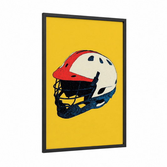 Retro Lacrosse Helmet framed art print — black wood frame — yellow and red palette