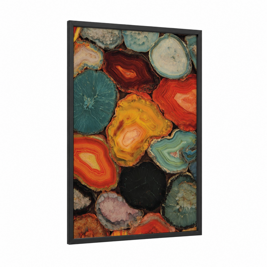 Vibrant Agate Slices framed natural stones print — black wood frame — red and gold palette