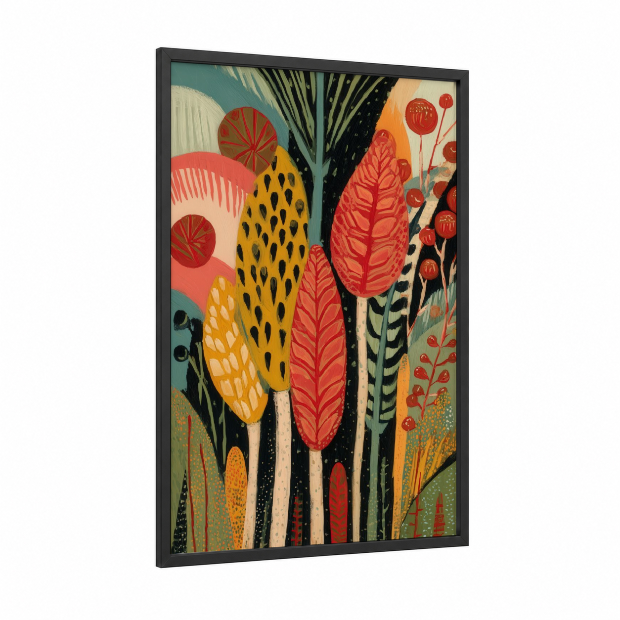 Grain Field Botanical framed art print — black wood frame — mustard and teal palette