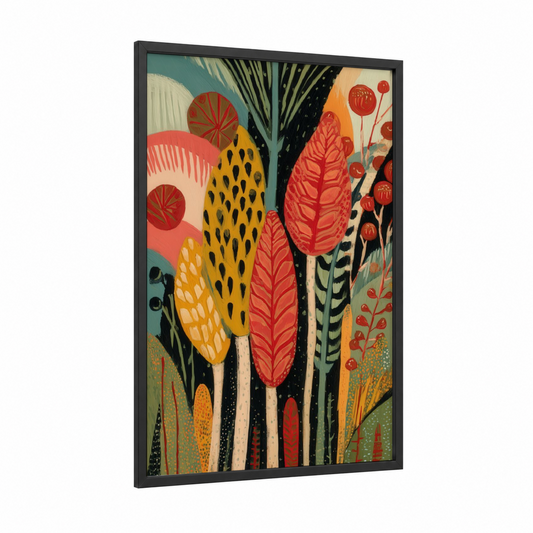 Grain Field Botanical framed art print — black wood frame — mustard and teal palette